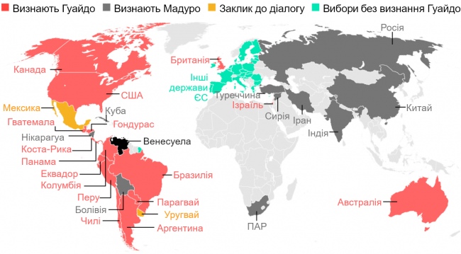 Як розподілилися позиції держав світу щодо ситуації у Венесуелі станом на 30.01.2019